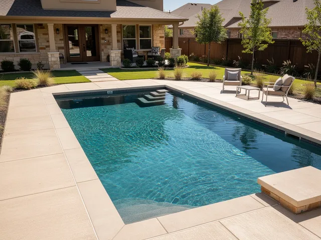 Stamped concrete pool deck surrounding a backyard pool in Cypress, TX