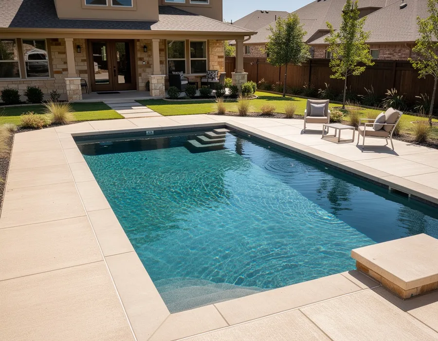 Stamped concrete pool deck surrounding a backyard pool in Cypress, TX