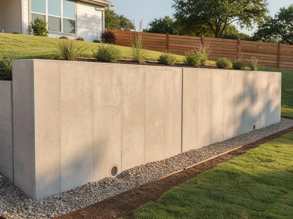 Block retaining wall built into a slope in Conroe, TX yard