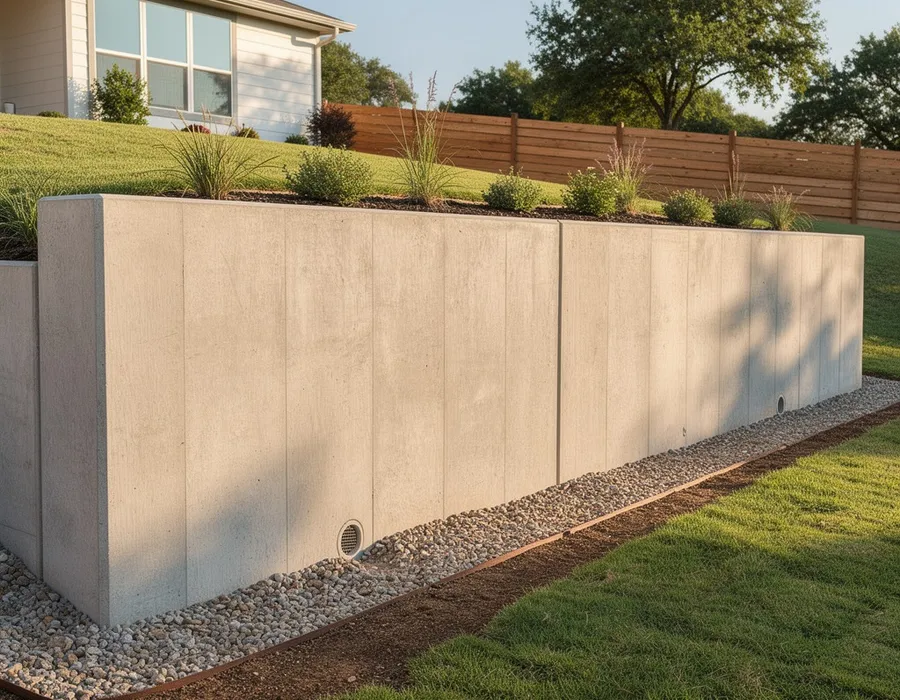 Block retaining wall built into a slope in Conroe, TX yard