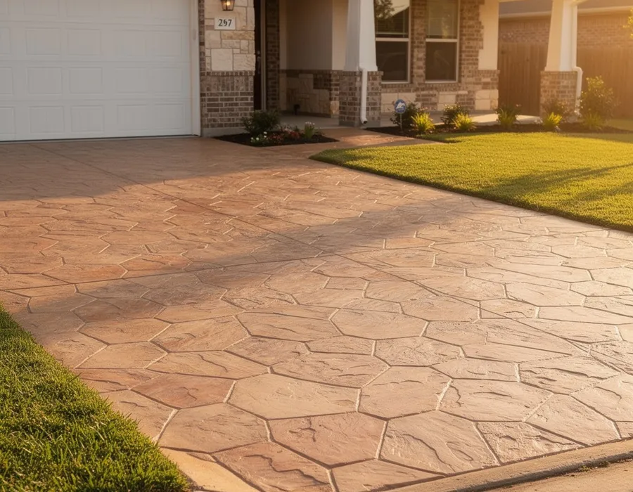 Close-up of decorative stamped concrete patio in Magnolia, TX