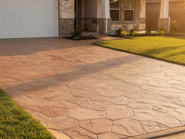 Decorative stamped concrete patio in Magnolia, TX with warm earth-tone stain