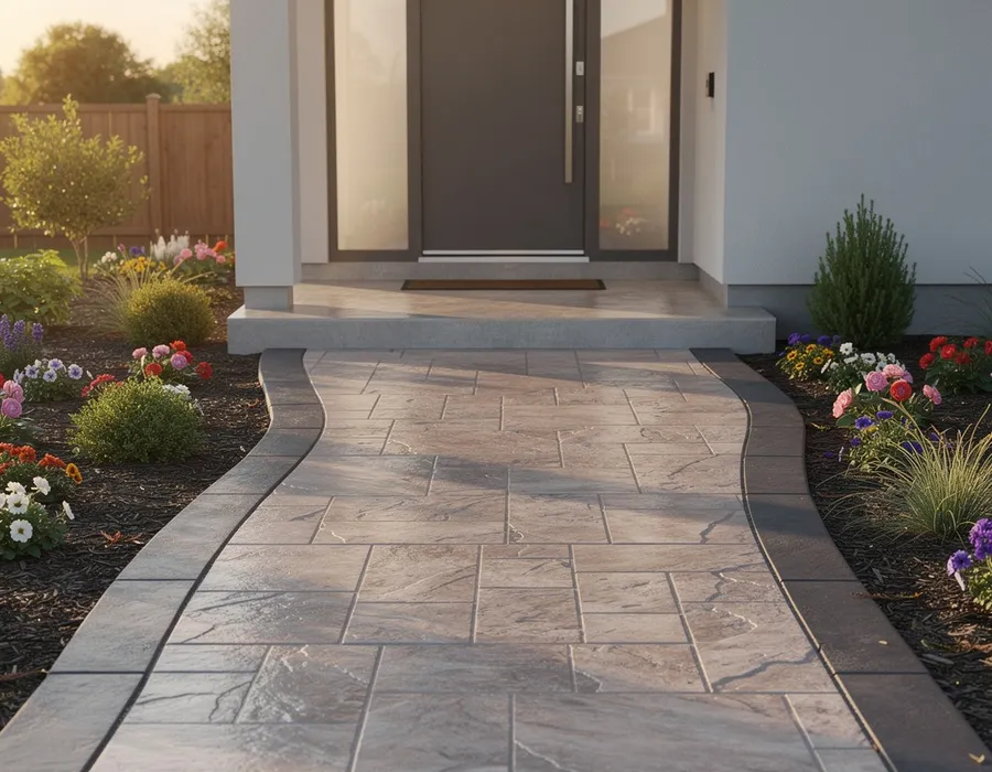 Decorative curved concrete walkway through a front yard in The Woodlands, TX