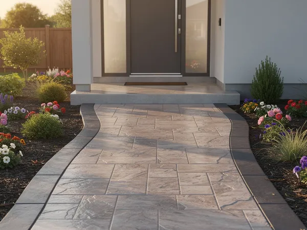 Decorative curved concrete walkway through a front yard in The Woodlands, TX