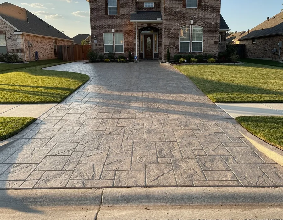 Stamped concrete driveway in Tomball, TX with brick-look texture