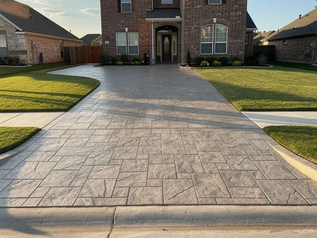 Stamped concrete driveway in Tomball, TX with brick-look texture