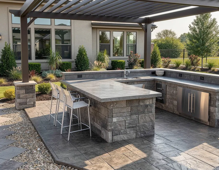 Outdoor kitchen patio with concrete floor in The Woodlands, TX