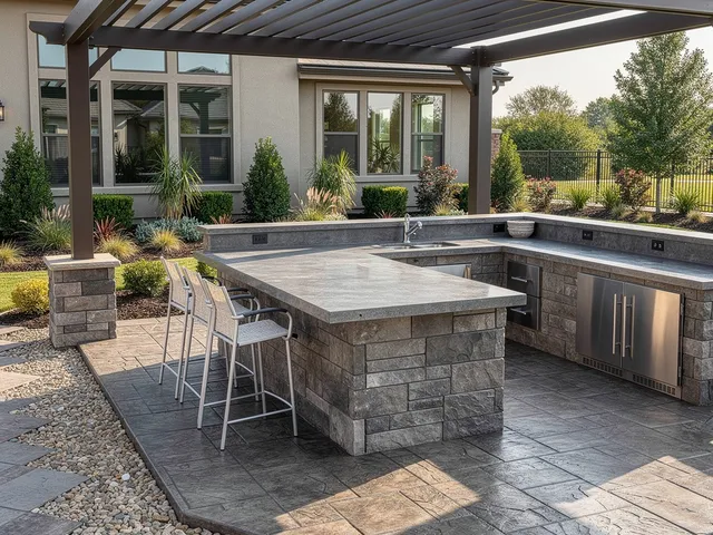 Outdoor kitchen patio with concrete floor in The Woodlands, TX