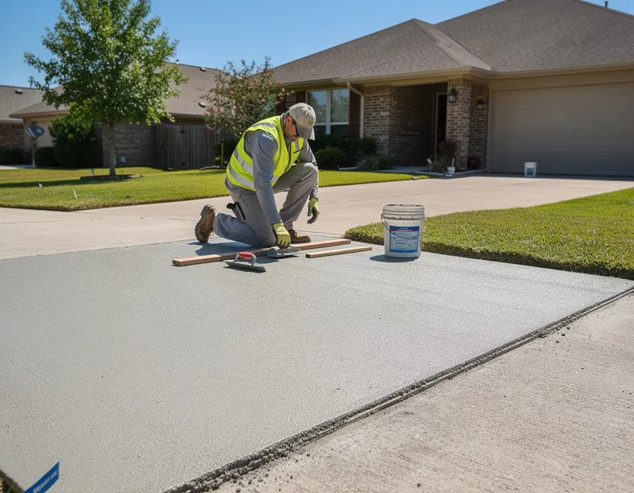 Contractor repairing a cracked concrete driveway in Magnolia, TX