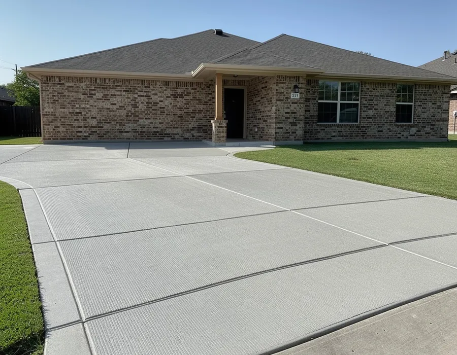 Newly poured concrete driveway in Magnolia, TX finished with a smooth broom texture